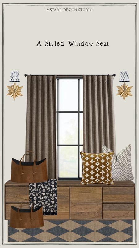 A curated window seat look, including patterned pillows, dark brown curtains, star sconces, storage baskets with handles, a creative co-op throw blanket, solid wood bench seat and diamond design runner rug. 

Amazon, Ruggable, Etsy, wayfair, Ballard designs, west elm, oka us

#LTKunder100 #LTKhome #LTKstyletip