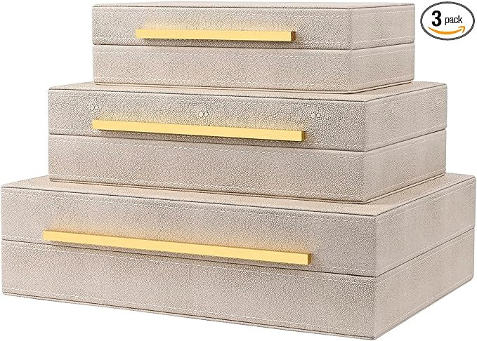 Ivory Shagreen Box Set Of 3 Faux Leather Decorative Boxes, Large Modern Nesting Storage Decorativ... | Amazon (US)