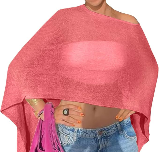 Drop Shoulder Sheer Crochet Vacation Outfits Poncho Sweater Top Summer Beach Cover Up | Amazon (US)