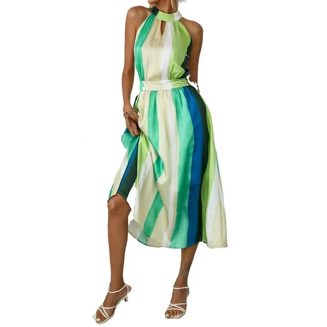 Elegant Striped Halter A Line Sleeveless Multicolor Womens Dresses (Women's) | Walmart (US)