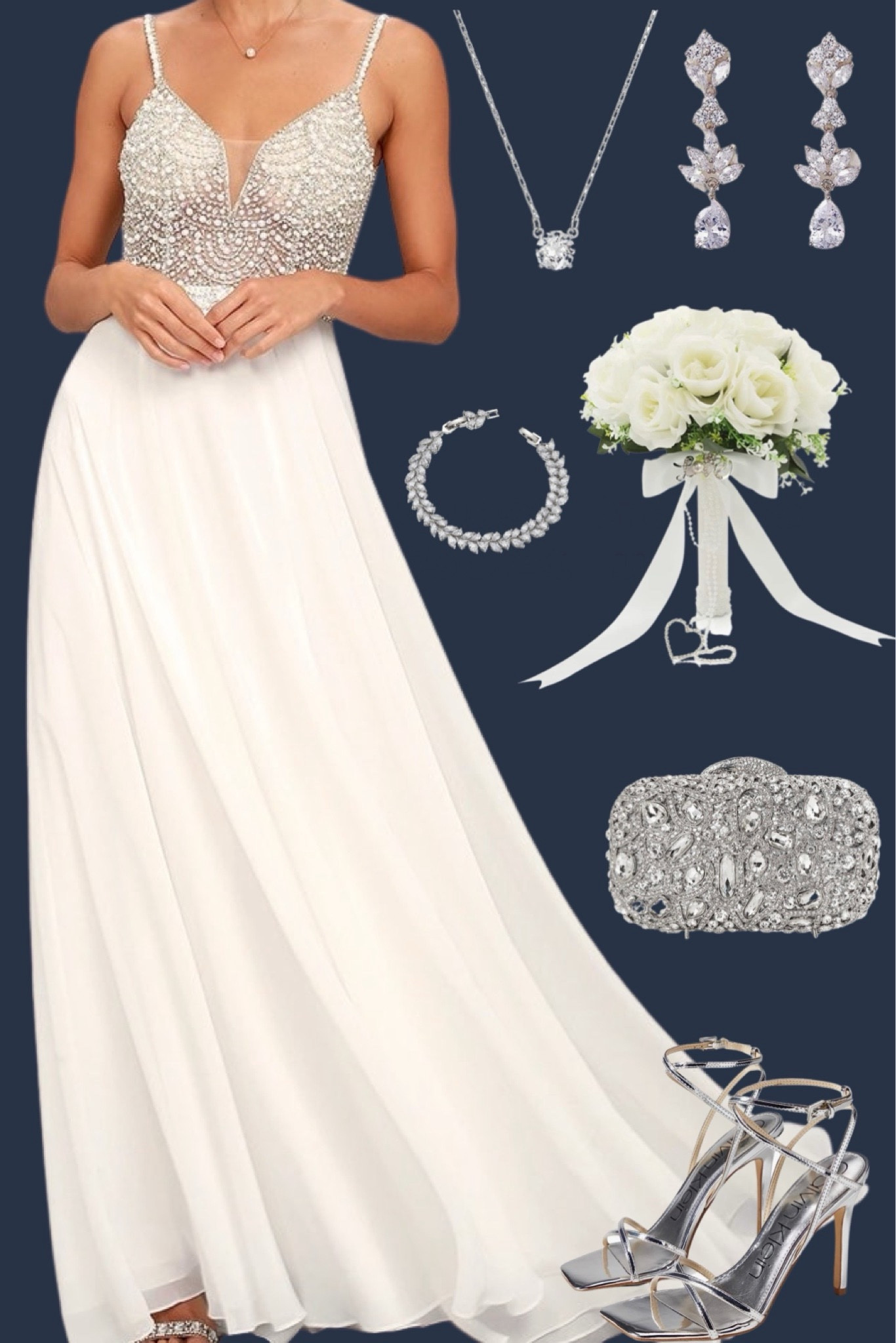 Affordable bride style.

#weddingdress #whitedress #silversandals #silverheels #silverclutch
#LTKwedding #LTKstyletip 

#LTKSeasonal #LTKShoeCrush #LTKParties