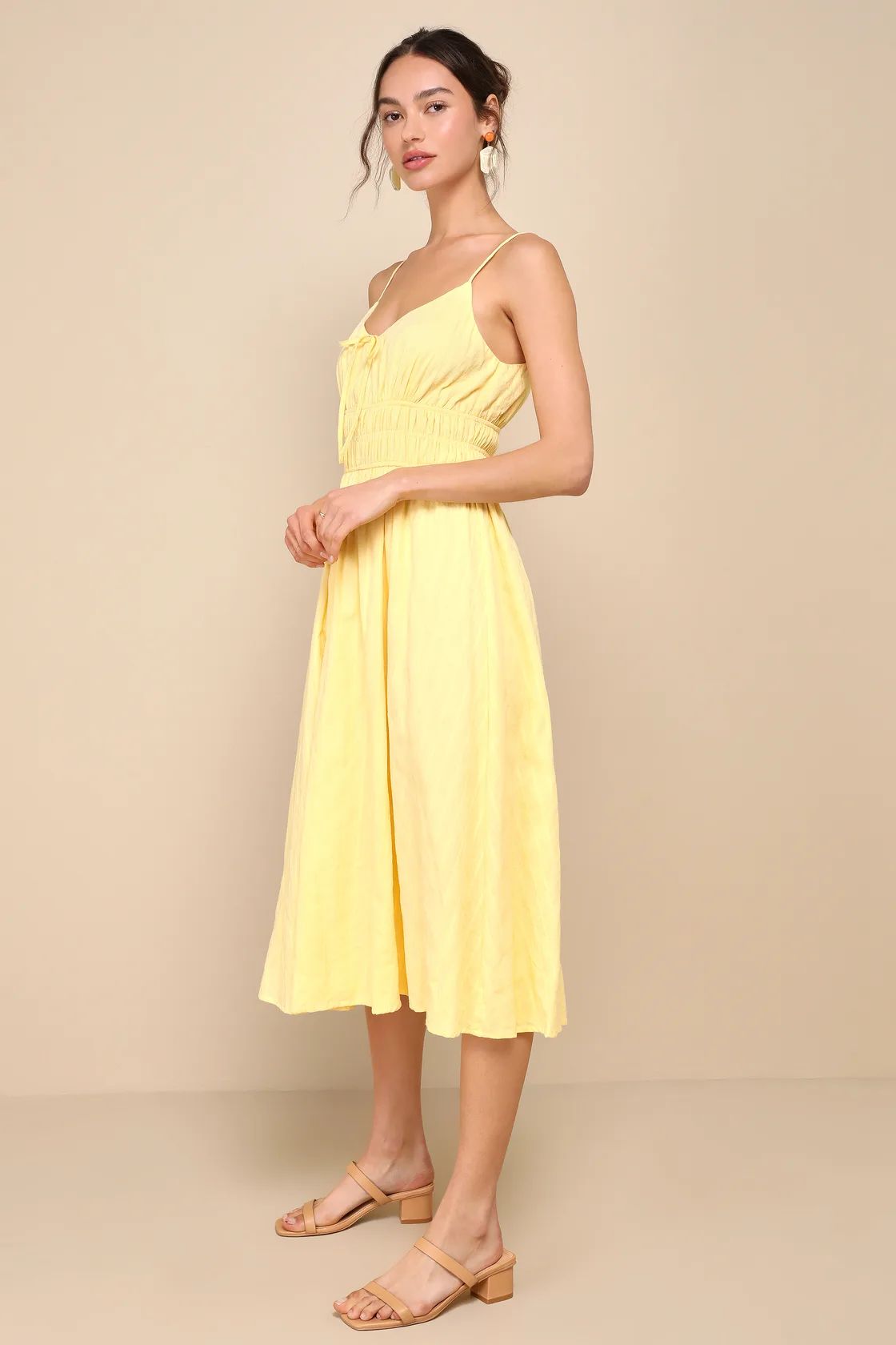 Gorgeous Sunshine Yellow Embroidered Tie-Front Midi Dress | Lulus