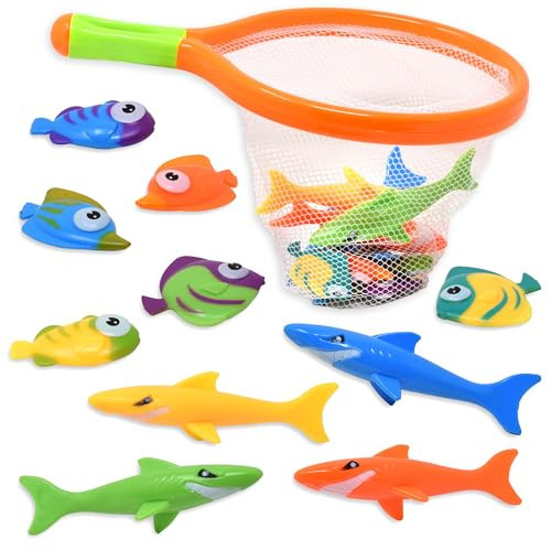 Toy Fishing Net for Bath | Bath Toys for Kids – Dive Game Small Sinking Fish, 4 Sharks & 6 Fish Multicolored | Amazon (US)