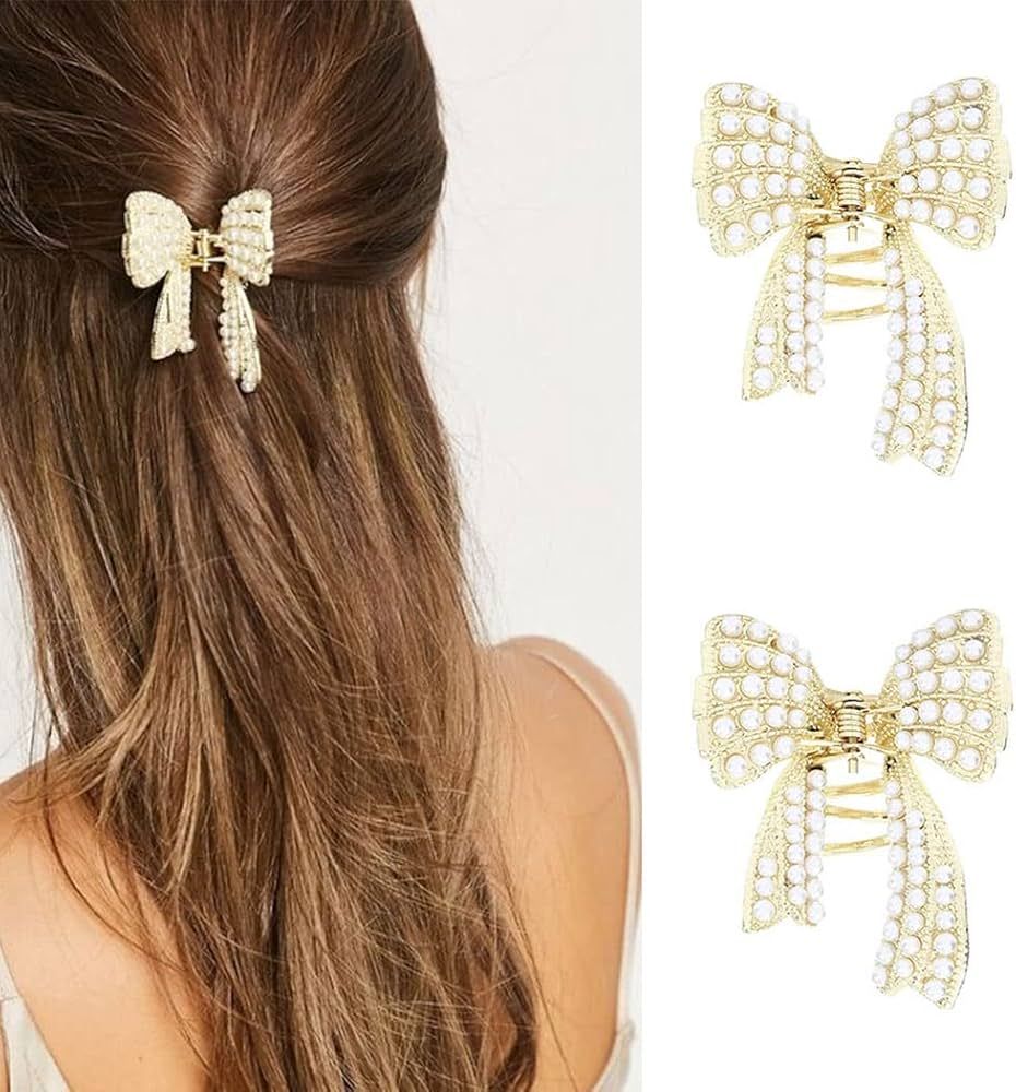 Brinie Pearl Hair Claw Clamps Gold Metal Hair Claw Clips Bowknot Hair Styling Clips Non Slip Jaw ... | Amazon (US)