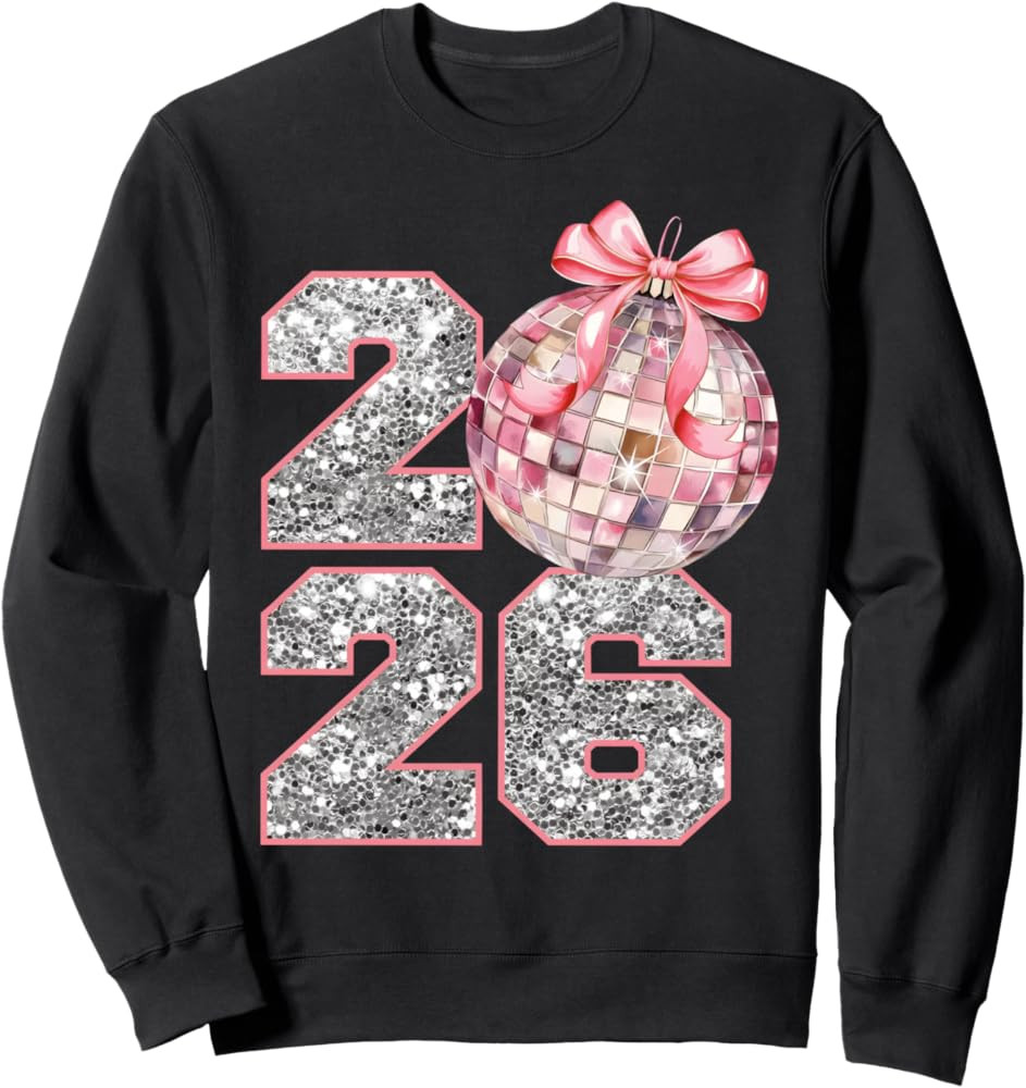 Retro New Years 2026 Disco Ball Pink Coquette Bow Hello 2026 Sweatshirt | Amazon (US)