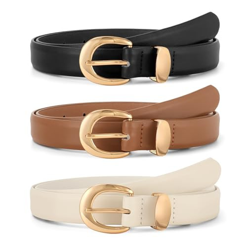 JASGOOD Women Leather Belts Gold Buckle Ladies Fashion Faux Leather Waist Belts for Jeans Pants 3 Pack,Black+Brown+Beige | Amazon (US)