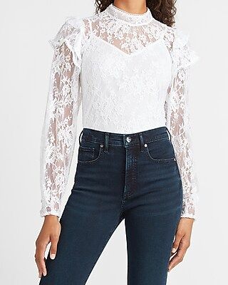 Lace Ruffle Mock Neck Top | Express