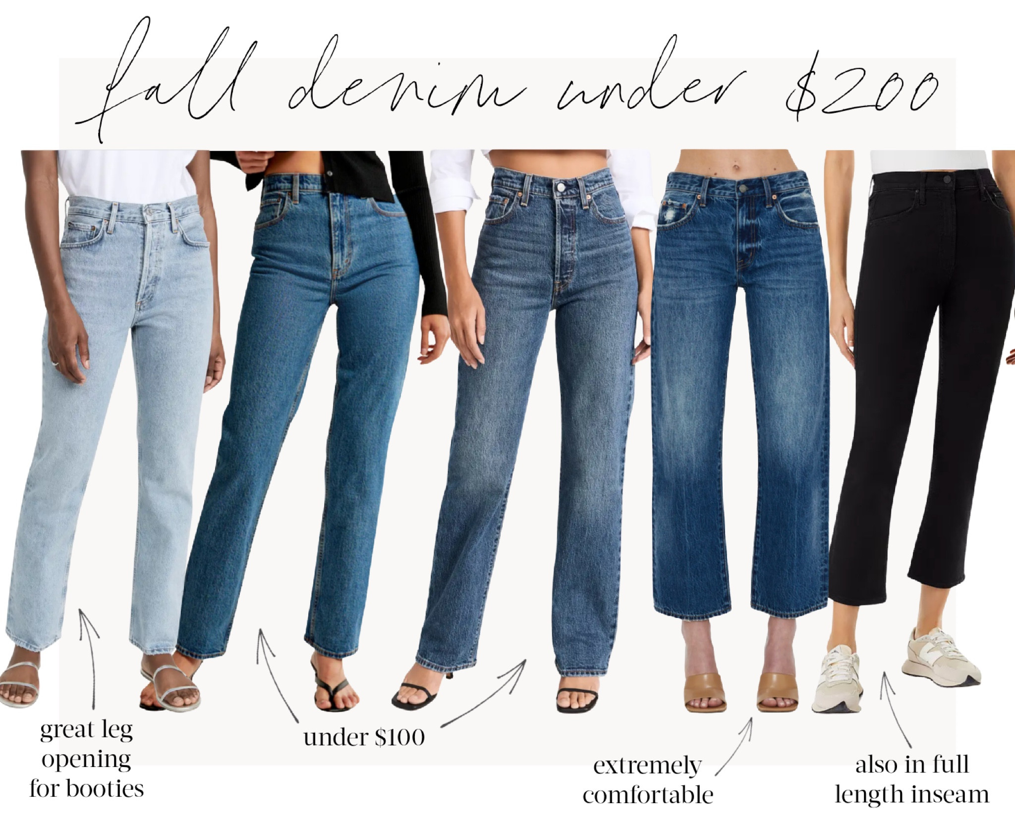 Fall Denim Faves Under $200👖From left to right:

1. AGOLDE Lana—Lesser known AGOLDE style with a wider leg opening that’s perfect for boots. If in doubt, size up.

2. Abercrombie 90s Straight—Similar to the AGOLDE Lana but half the price. Great with boots. Also in ankle length (see similar products). True to size.

3. Levi's Ribcage Long—Inseam works great with boots. Also available in wide leg (see similar products). Size up.

4. PIstola Lexi Ankle Wide Leg—So comfortable! The ankle length looks good with a variety of shoes.

5. MOTHER Rider Ankle—Favorite black ankle jeans. Also love in full-length for boots (see similar products). Size down.

#jeans #falljeans #falldenim #straightlegjeans #affordablejeans #motherjeans #agoldejeans #levisjeans #jeanswithboots #jeanswithbooties 

#LTKfindsunder100 #LTKSeasonal #LTKstyletip