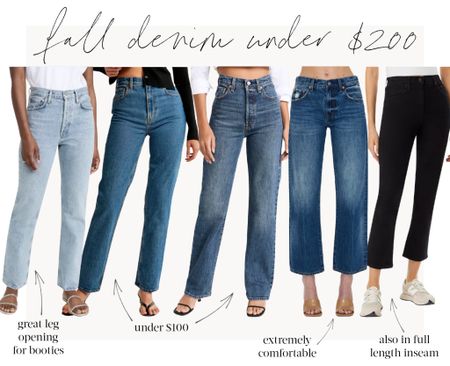 Fall Denim Faves Under $200👖From left to right:

1. AGOLDE Lana—Lesser known AGOLDE style with a wider leg opening that’s perfect for boots. If in doubt, size up.

2. Abercrombie 90s Straight—Similar to the AGOLDE Lana but half the price. Great with boots. Also in ankle length (see similar products). True to size.

3. Levi's Ribcage Long—Inseam works great with boots. Also available in wide leg (see similar products). Size up.

4. PIstola Lexi Ankle Wide Leg—So comfortable! The ankle length looks good with a variety of shoes.

5. MOTHER Rider Ankle—Favorite black ankle jeans. Also love in full-length for boots (see similar products). Size down.

#jeans #falljeans #falldenim #straightlegjeans #affordablejeans #motherjeans #agoldejeans #levisjeans #jeanswithboots #jeanswithbooties 

#LTKfindsunder100 #LTKSeasonal #LTKstyletip