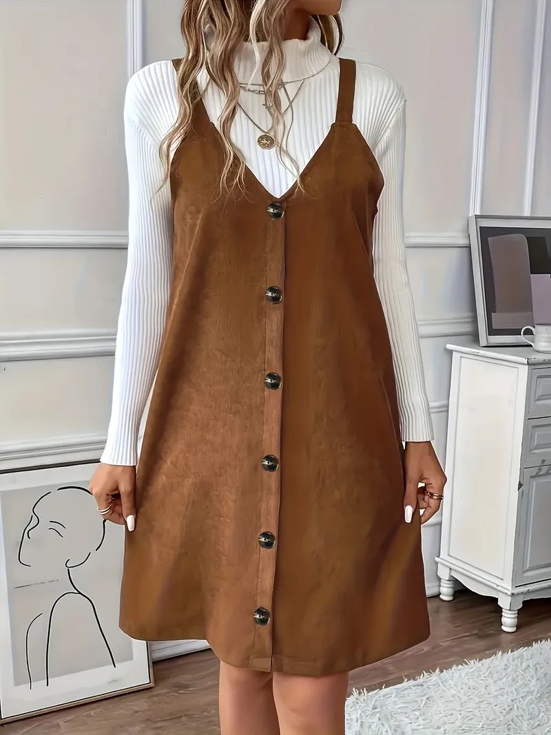 Preppy Corduroy Button Decor Tank Dress, Elegant Solid V Neck Sleeveless Dress, Women's Clothing | Temu Affiliate Program