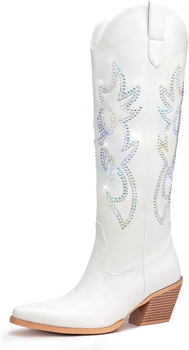 Pasuot Rhinestone Cowboy Boots for Women - Wide Calf Knee High Cowgirl Boots with Side Zipper and... | Amazon (US)
