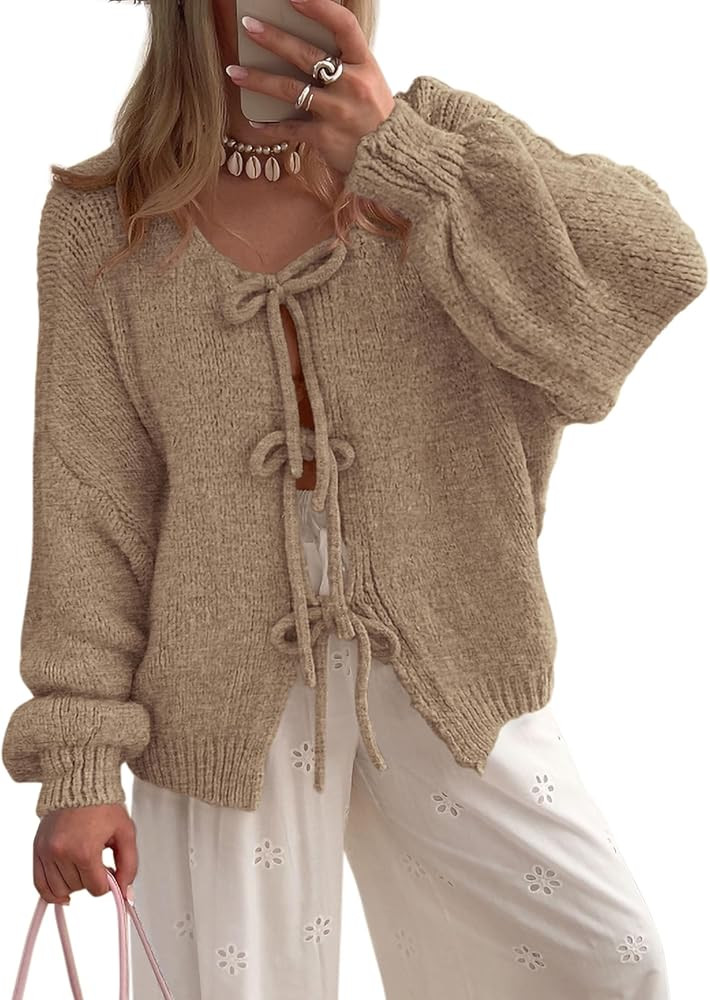 PRETTYGARDEN Women's Tie Front Bow Cardigan Sweaters Chunky Knit Long Puff Sleeve Trendy Fall Win... | Amazon (US)