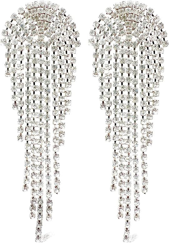 Rumdin Rhinestone Tassel Earrings for Women Dangle Earrings Sparkly Rhinestone Statement Earrings... | Amazon (US)
