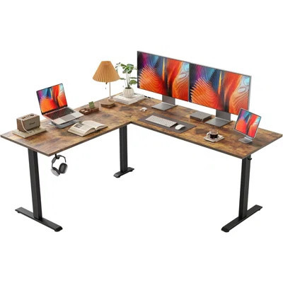 63 Inch L Shaped Electric Standing Desk – Adjustable Height Corner Sit Stand Computer Table With Splice Board, Rustic Brown | Wayfair North America