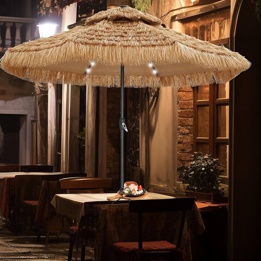GDY 9 ft 2-Tier Solar Tiki Umbrella, 32 LED Ligths Hula Thatched Tiki Umbrellas, Straw Umbrella, ... | Amazon (US)