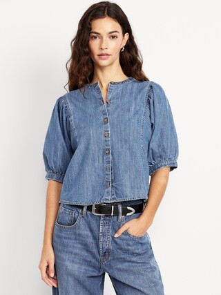 Puff-Sleeve Button-Down Cropped Denim Shirt | Old Navy (US)