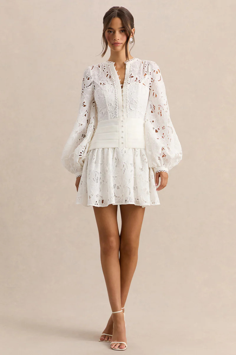 Helena  White Crew-Neck Mini Dress With Puff-Sleeves and Pleated Skirt | Club L London