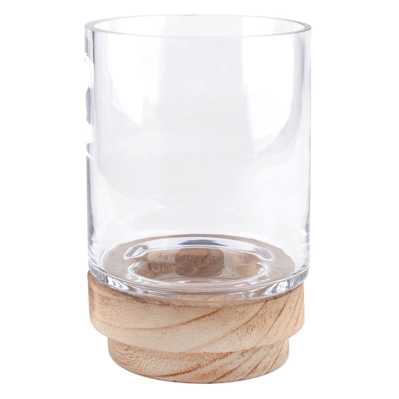 Clear Glass Hurricane with Wood Base, 7" | At Home