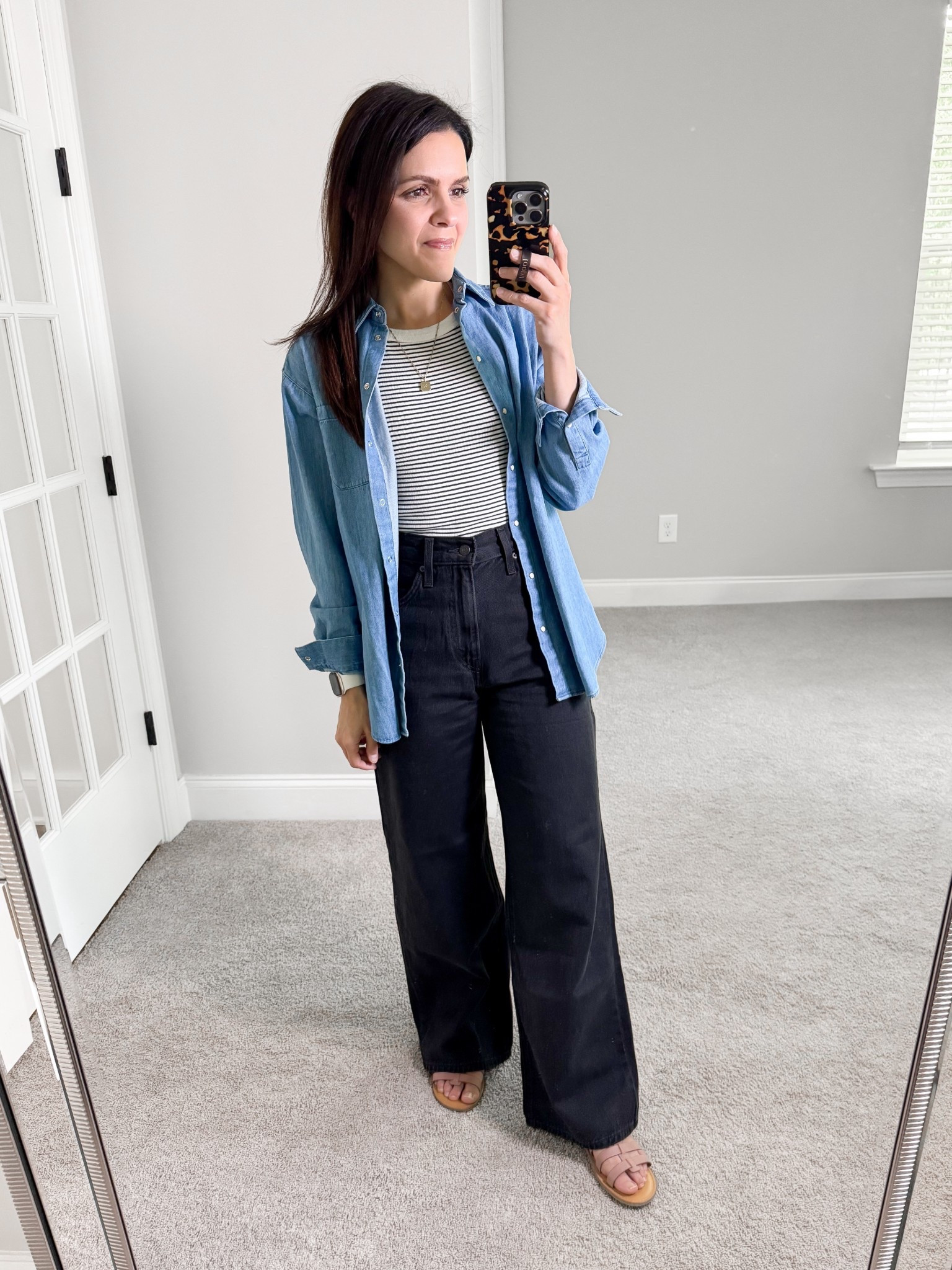 What I wore: 
Striped tank: Madewell, XS
Chambray button up: Sézane, XS
Cinch baggy Jean: Levi’s, tts 
Sandals: old, linked similar 

#springoutfit #summeroutfit #ootd

#LTKStyleTip