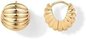 PAVOI 14K Gold Plated Ribbed Hoop Earrings for Women - Chunky Ridge Statement Earrings - Boho Puf... | Amazon (US)