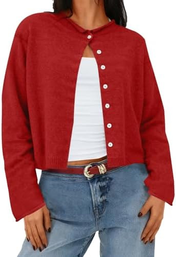 AKEWEI Cropped Cardigan Sweaters for Women Crewneck Long Sleeve Button Down Open Front Tops | Amazon (US)