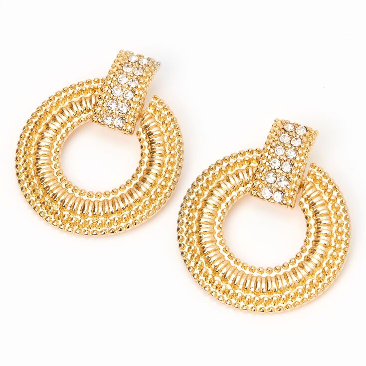 Gold 2" Crystal Circle Door Knocker Drop Earrings | Claire's (US)