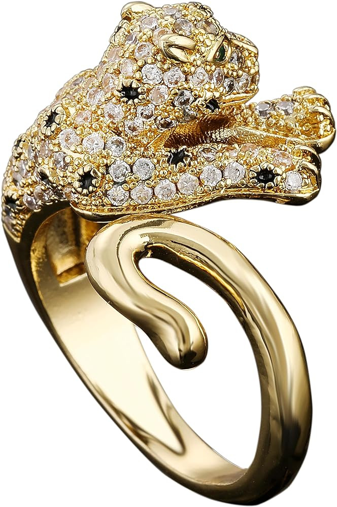 14K Animal Leopard Head Diamond Fashion Cute Adjustable Women Ring size 7 to 10 | Amazon (US)