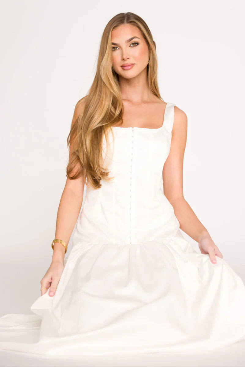 Violet Corset Style Drop Waist Midi Dress in Off-White | Worth Collective