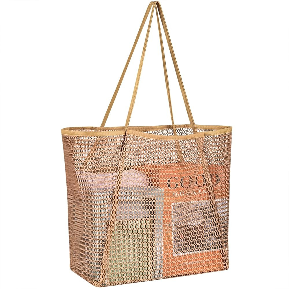 Mesh Beach Tote Bag Beach Bag For Women with Multiple Pockets… | Amazon (US)
