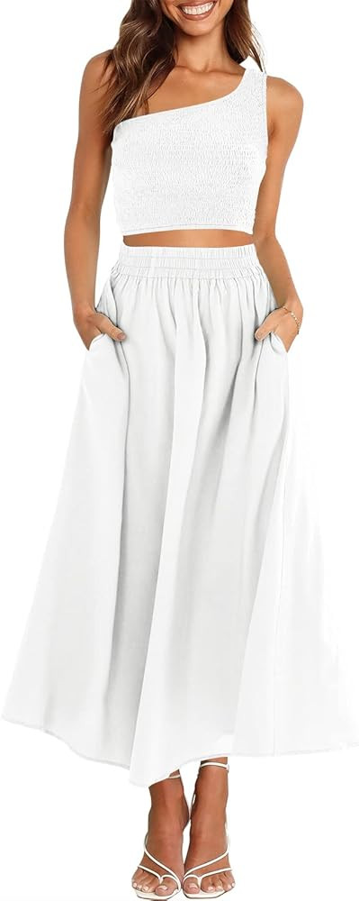 ANRABESS Women's 2 Pieces Outfits One Shoulder Smocked Crop Top & High Waist Long Skirt Dress Set... | Amazon (US)