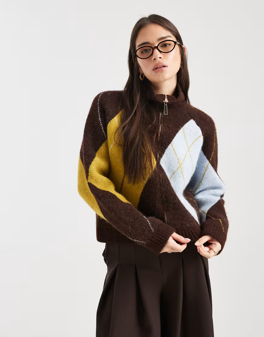 ASOS DESIGN knitted argyle zip up cardigan in brown-Multi | ASOS (Global)