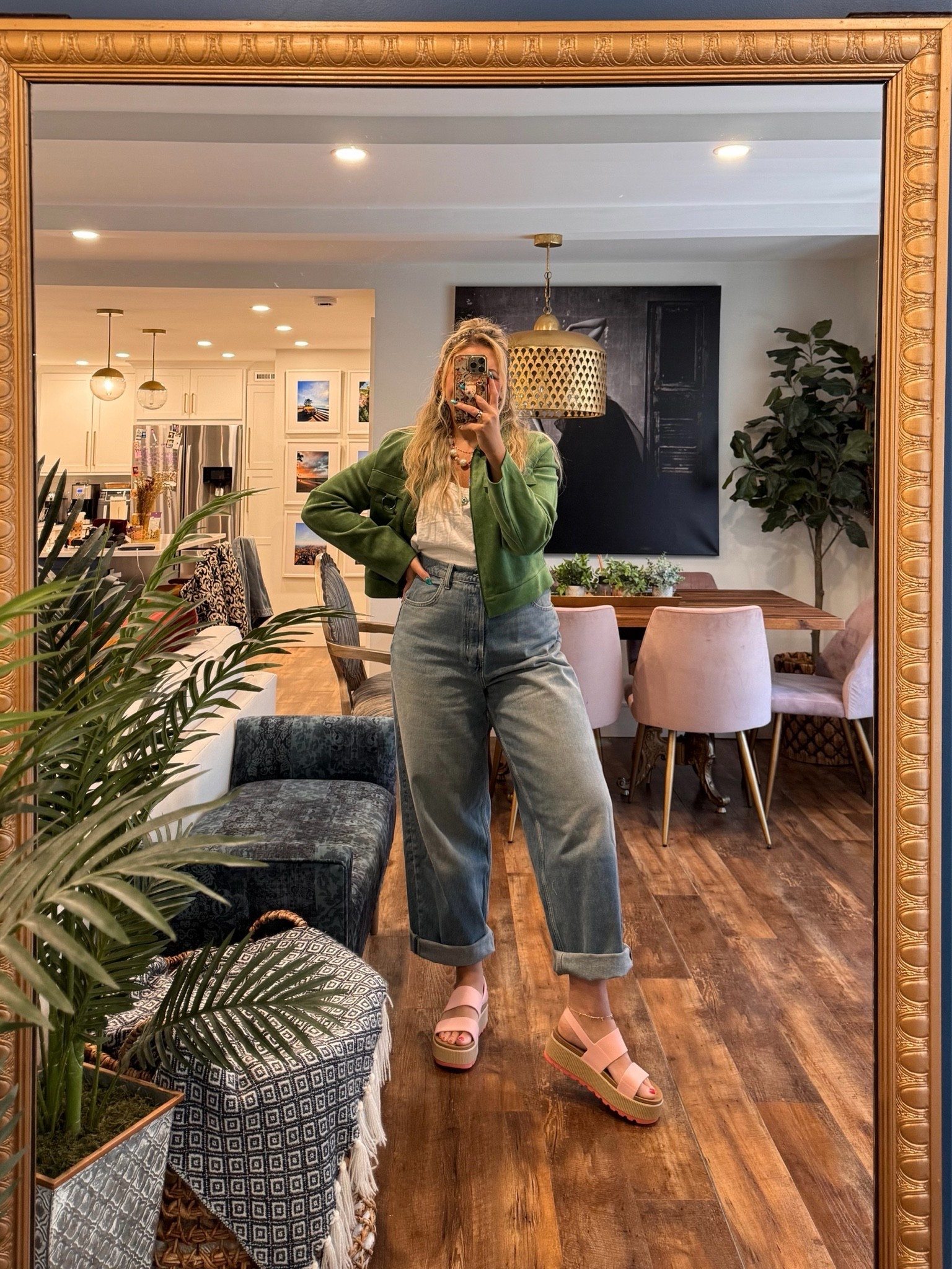Easy spring outfit. Green suede spring jacket. Waterproof platform sandals.

#LTKSeasonal #LTKootd #LTKMidsize
