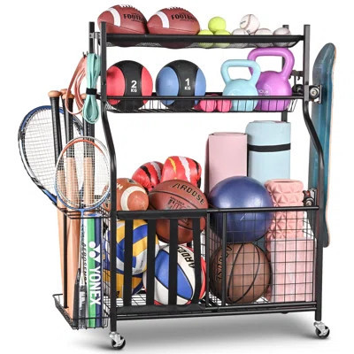 Sports Equipment Organizer - Garage Storage Rack With Basket And Hooks, Ball Storage, Toy And Gear Organizer, Black | Wayfair North America