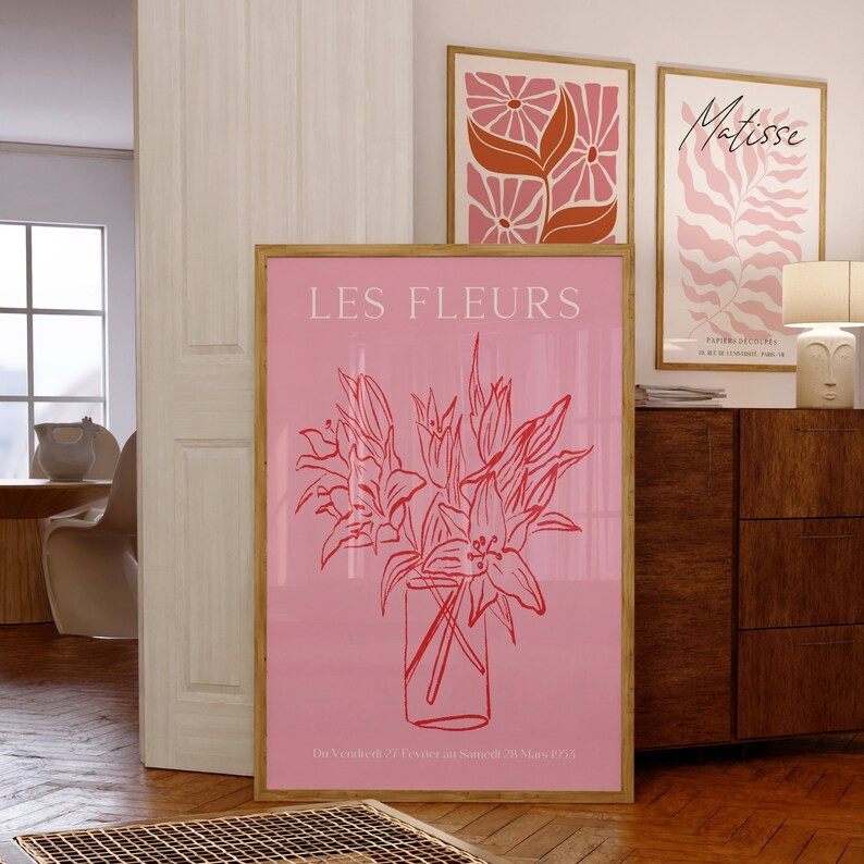 Pink and Red Botanical Print, Abstract Flowers Printable Wall Art, Digital Print, Matisse Style B... | Etsy (US)