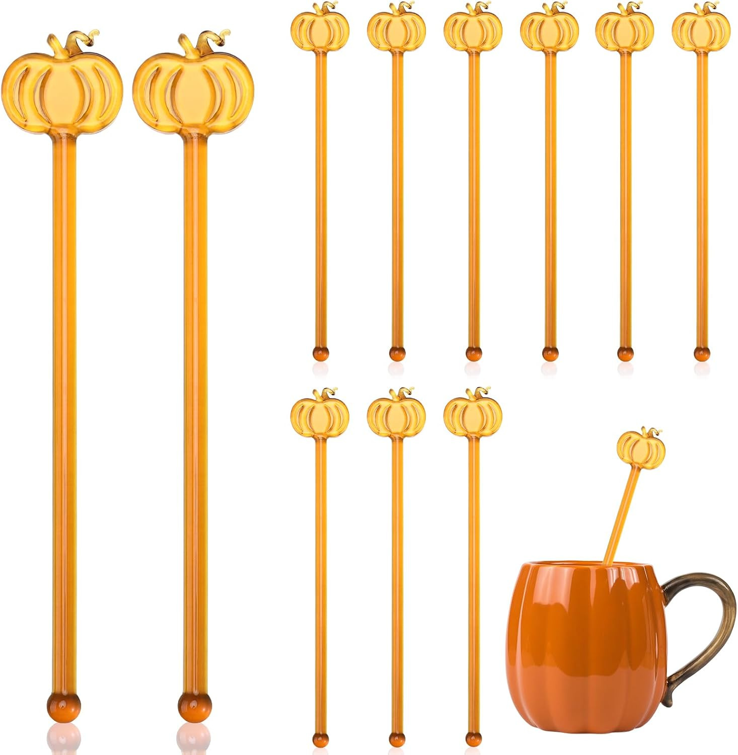 SiliFine 12 Pcs Pumpkin Glass Drink Stirrers 7 Inch Fall Swizzle Sticks 3D Fall Coffee and Cocktail Stirrers Thanksgiving Drink Stir Sticks for Autumn Party Tea Coffee Bar Favors | Amazon (US)