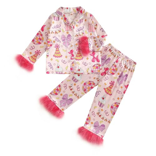 Ayalinggo Toddler Girl Birthday Satin Silk Pajamas Button Down 2 Piece Pajama Set Little Kids Girls Pjs Nightgown (Bow Gift Print Pink, 4-5 Years) | Amazon (US)
