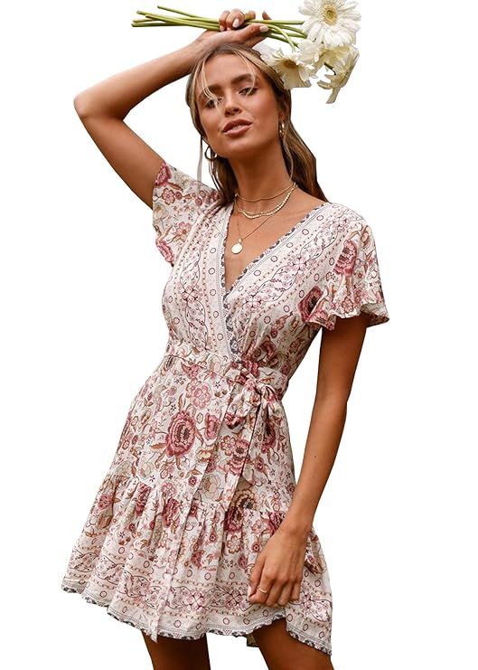 R.Vivimos Women's Summer Short Sleeve Casual Bohemian Beach Ruffle Floral Print Bow Tie Short Sun... | Amazon (US)