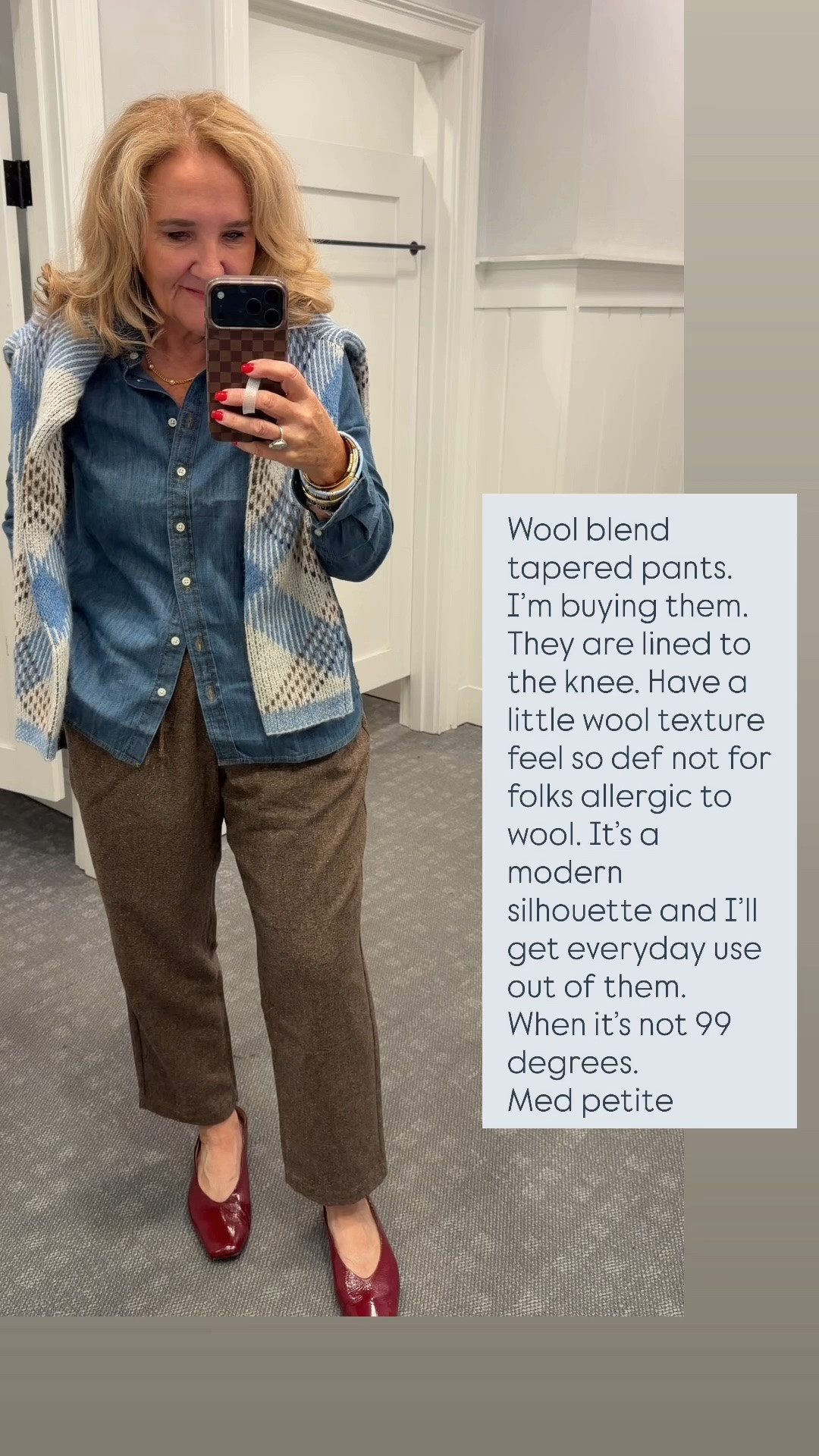 Pant size medium petite
Lightweight denim shirt, but heavier than a chambray size medium petite
The argyle sweater is super lightweight and a loose knit size medium.

#LTKSaleAlert #LTKOver40 #LTKSeasonal