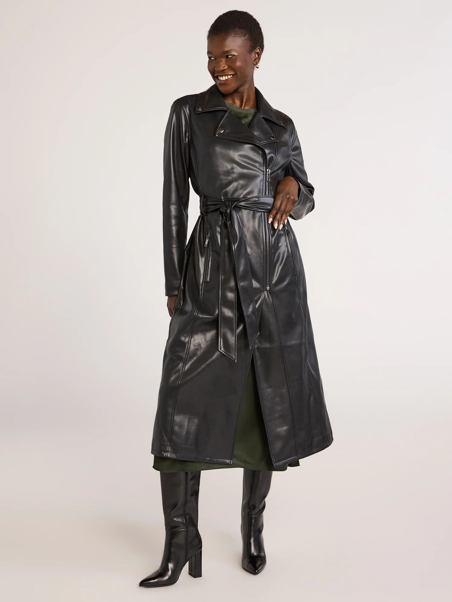 Scoop Women’s Faux Leather Moto Trench Coat, Sizes XS-XXL - Walmart.com | Walmart (US)