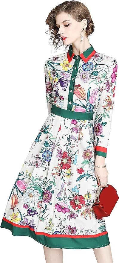 LAI MENG FIVE CATS Women's Floral Print Button up Midi Dress Casual A-line Shirt Dresses | Amazon (US)