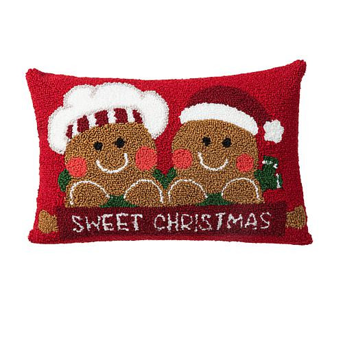Glitzhome 18"" Hooked Pillow with Gingerbread Boy and Girl | HSN