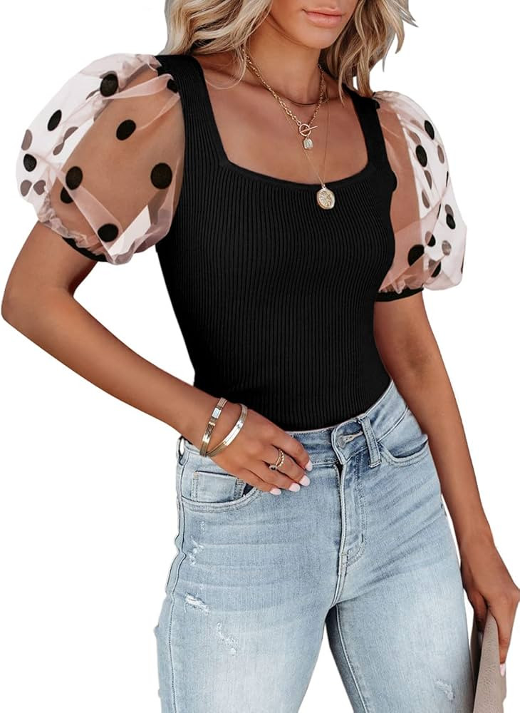 miduo Womens Tops Crewneck Lace Splicing Long Sleeve Top Shirts Slim Knit Ribbed Tops Blouses | Amazon (US)