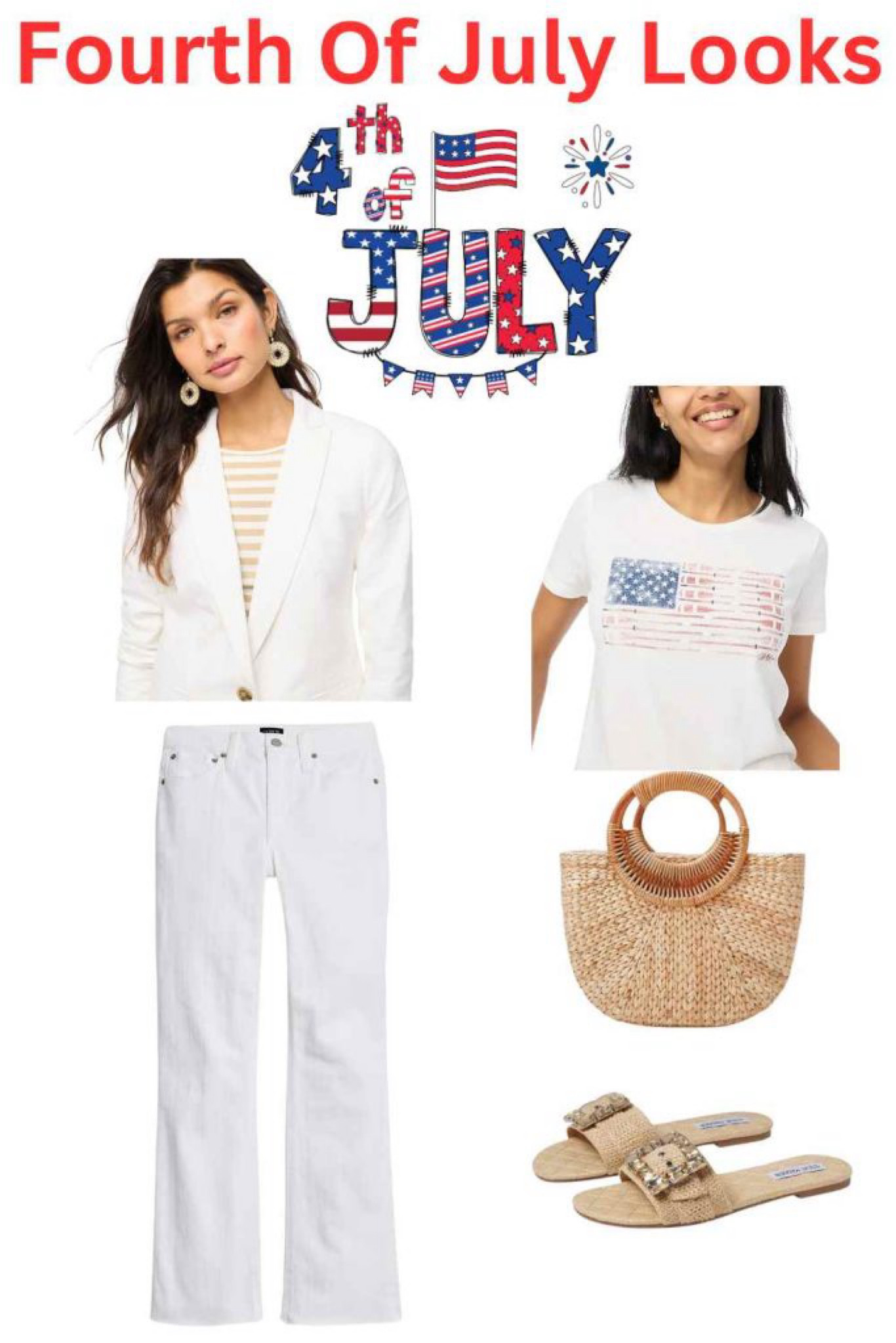 Are you wondering what to wear to a bit dressier Fourth of July 🇺🇸 party? Here’s the answer: pop a white blazer over white jeans and a flag 🇺🇸tee shirt. Add tan slides and a great bag (awesome buy!).#fourthofjulylooks
#whitejeans
#flagtee
#jcrewstylesessions 
#jcrewfactory 

#LTKOver40 #LTKFindsUnder50 #LTKSummerSales