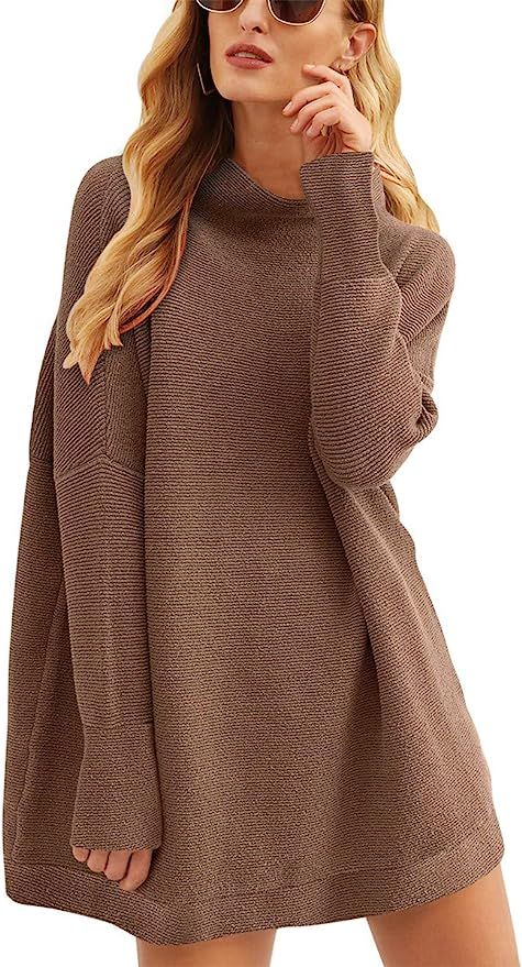Prinbara Women's Long Sleeve Mock Neck Sweater Dress Loose Fitting Knit Pullover Tops Slouchy Tun... | Amazon (US)