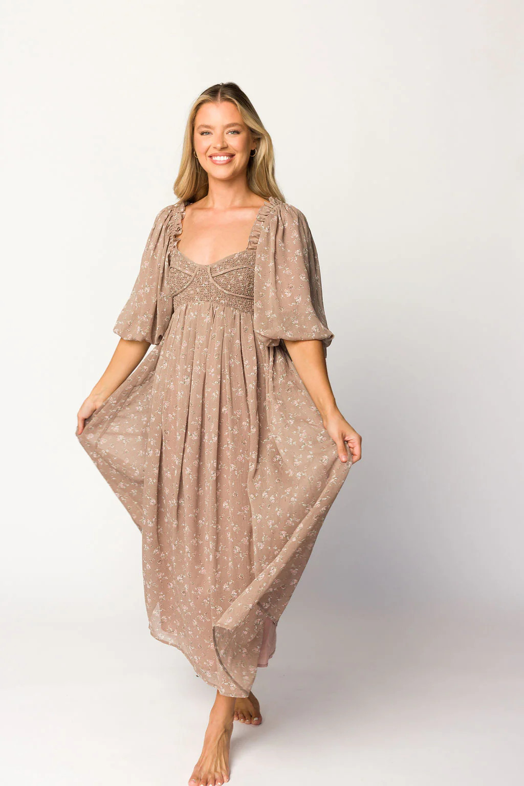 Harlow Maxi Dress in Taupe Floral - Bump Friendly | Worth Collective