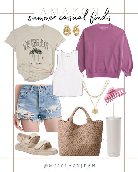 Casual summer finds include graphic tee, sweatshirt, tank, denim shorts, sandals, bag, tumbler, hair claw, necklace, and earrings.

Summer fashion finds, casual outfit, everyday outfit, jeans, summer finds

#LTKStyleTip #LTKItBag #LTKFindsUnder100