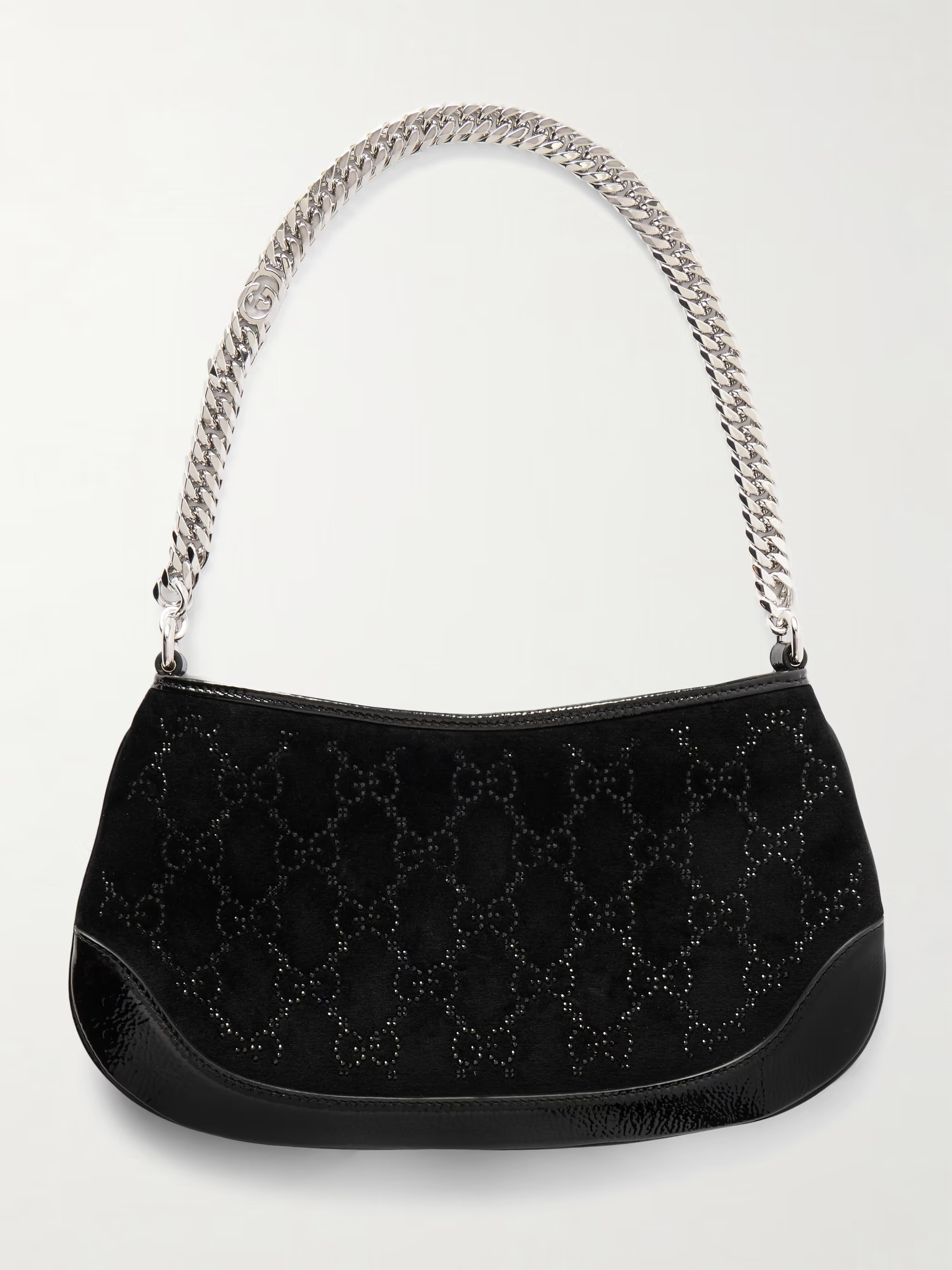 Patent leather-trimmed crystal-embellished velvet shoulder bag | NET-A-PORTER (US)