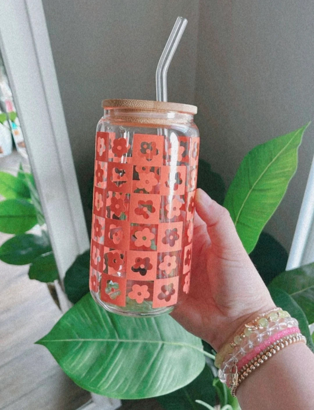 Checker Daisies iced coffee glass to go - coffee tumbler with bamboo lid and straw - clear coffee... | Etsy (US)