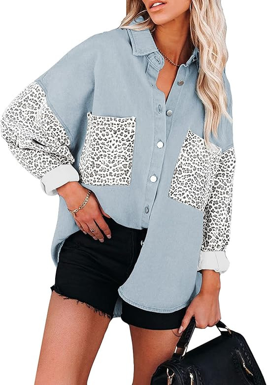 Happy Sailed Womens Leopard Contrast Denim Jackets Oversized Long Sleeve Button Down Jean Shacket... | Amazon (US)