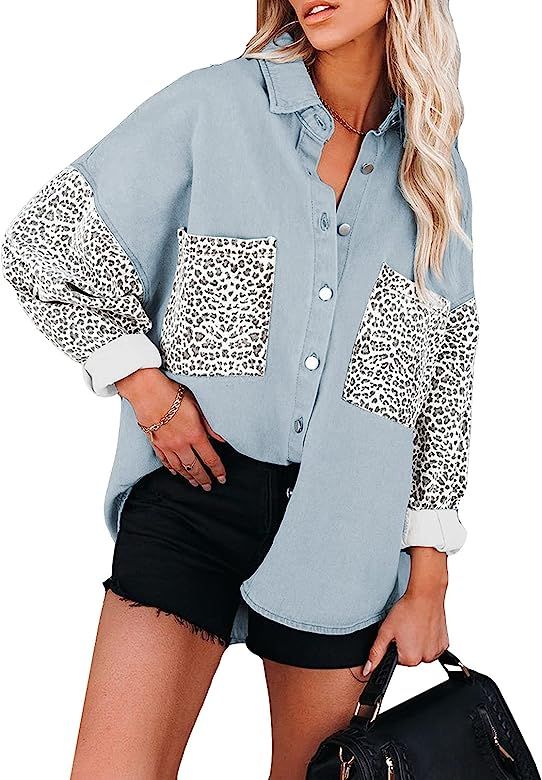Happy Sailed Womens Leopard Contrast Denim Jackets Oversized Long Sleeve Button Down Jean Shacket... | Amazon (US)